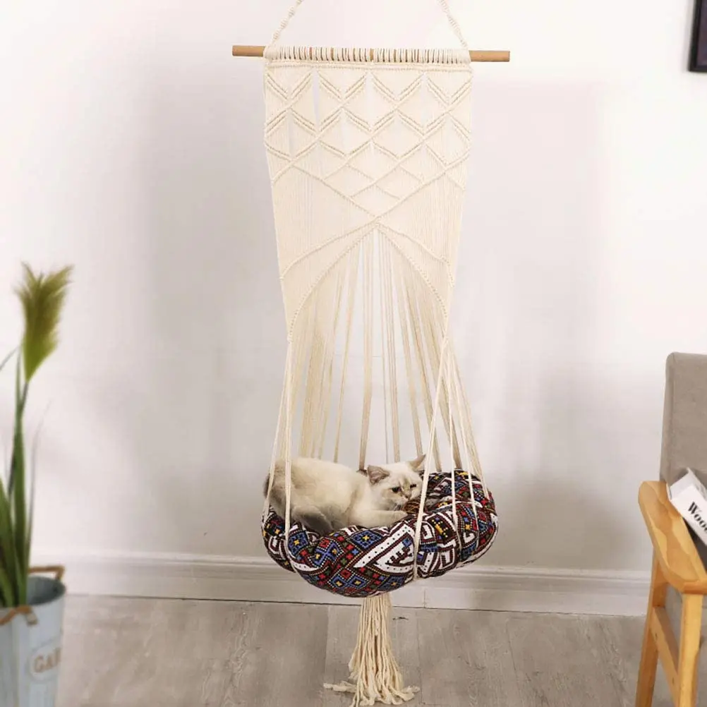 Macrame Hanging Swing Cat Bed with Hanging Kit for Indoor Cats