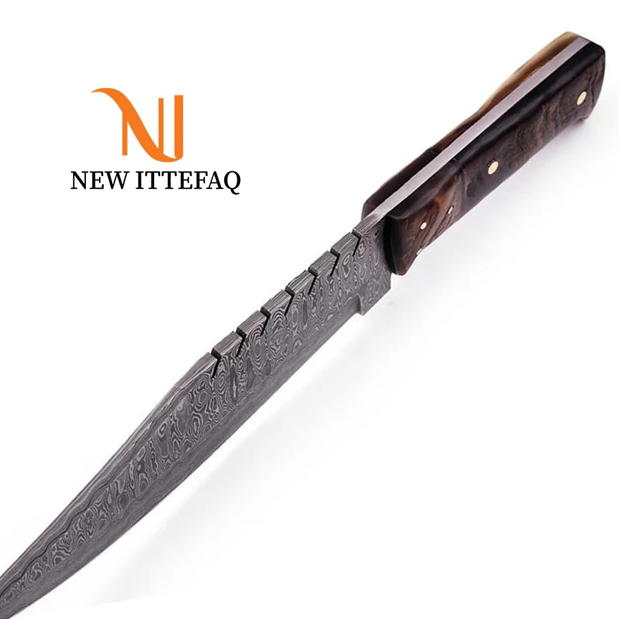
Damascus Steel Bowie Knife 14 inches Hunting Survival Camping HANDMADE Full BUFFALO HORN Handle Free Cowhide Leather Sheath 