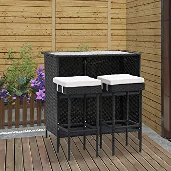 3 Piece Patio Rattan Wicker Outdoor Furniture Bar Set with 2 Stools Removeable Cushions and Temper Glass Top