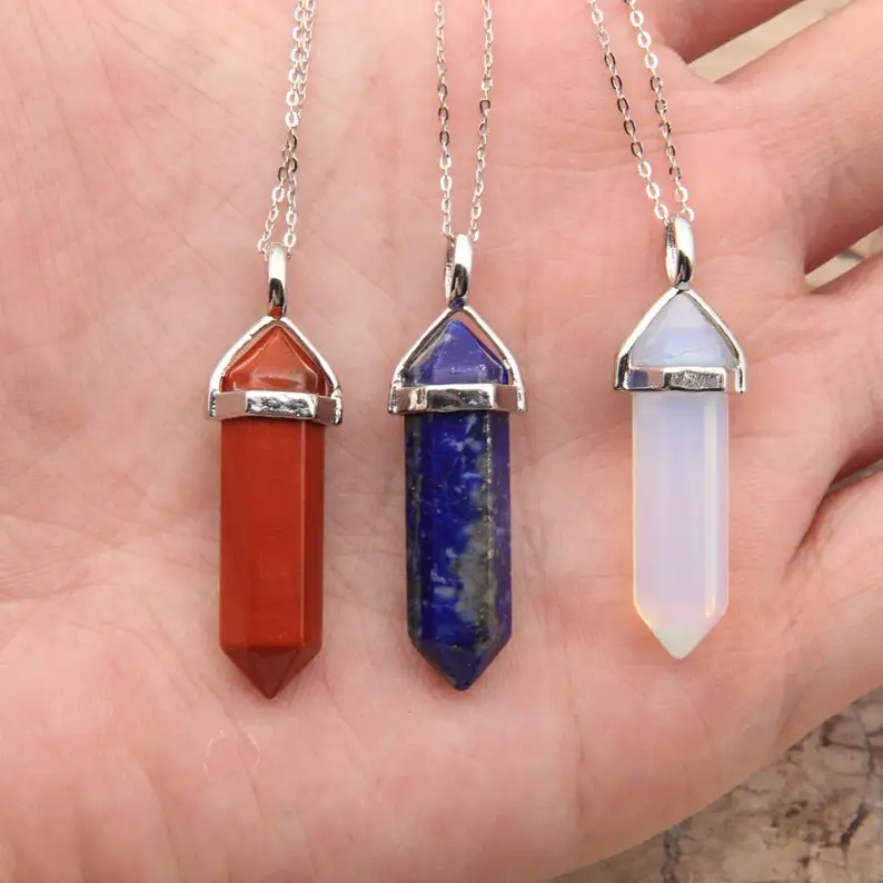 BEAUTIFUL ALL GEMSTONE PENCIL PENDANTS / NATURAL HEALING CRYSTAL DOUBLE TERMINATED POINT PENDANT / GOLDEN- SILVER CHAIN PENDANTS