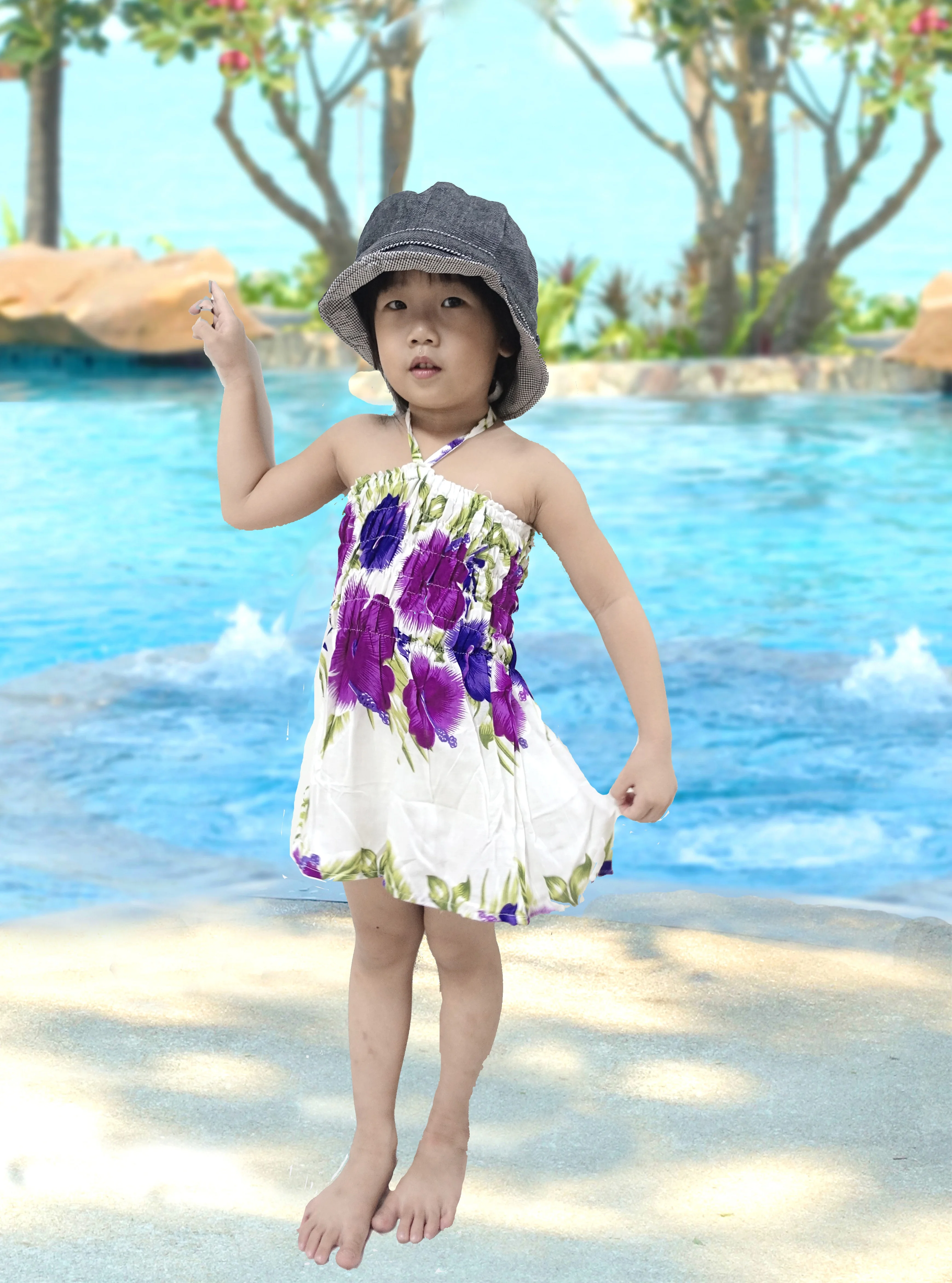 vintage retro thai HIPPIE BOHO HAWAII hibiscus BABY DOLL beach style girls kids children LONG MAXI DRESS
