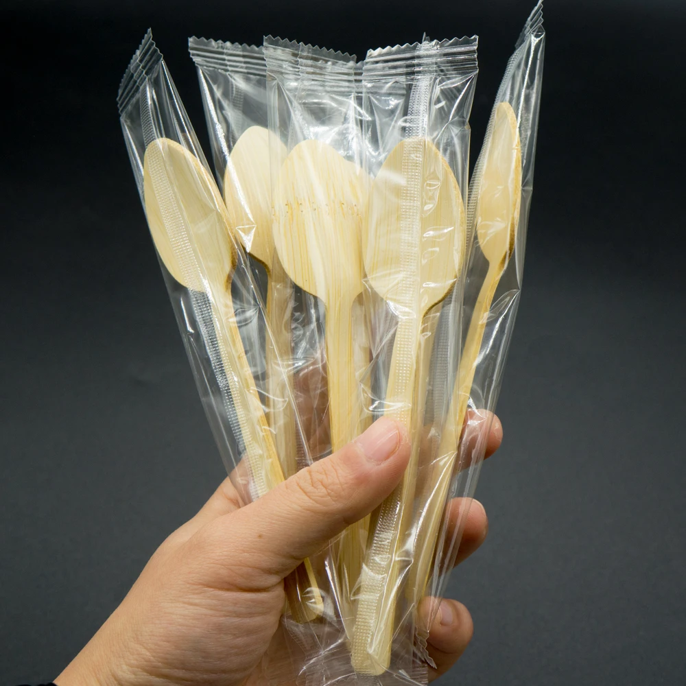 Wholesale individual pack natural bamboo spoon environmental bamboo disposable cutlery tableware biodegradable