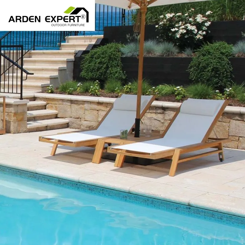 Outdoor Teak Furniture Waterproof Fabric Wood Sun Lounger Poolside Teak Sunbed