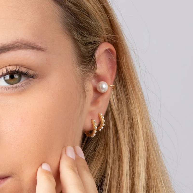 CANNER Popular Minimalist Wholesale Jewelry 18K Gold Plated 925 Silver Pearl Huggies Hoop Earrings