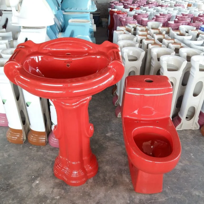 Chinese Sanitary Ware Living Room Ceramic Floor Stand Red Color One Piece Toilet Red WC Toilet with Pedestal Wash Basin