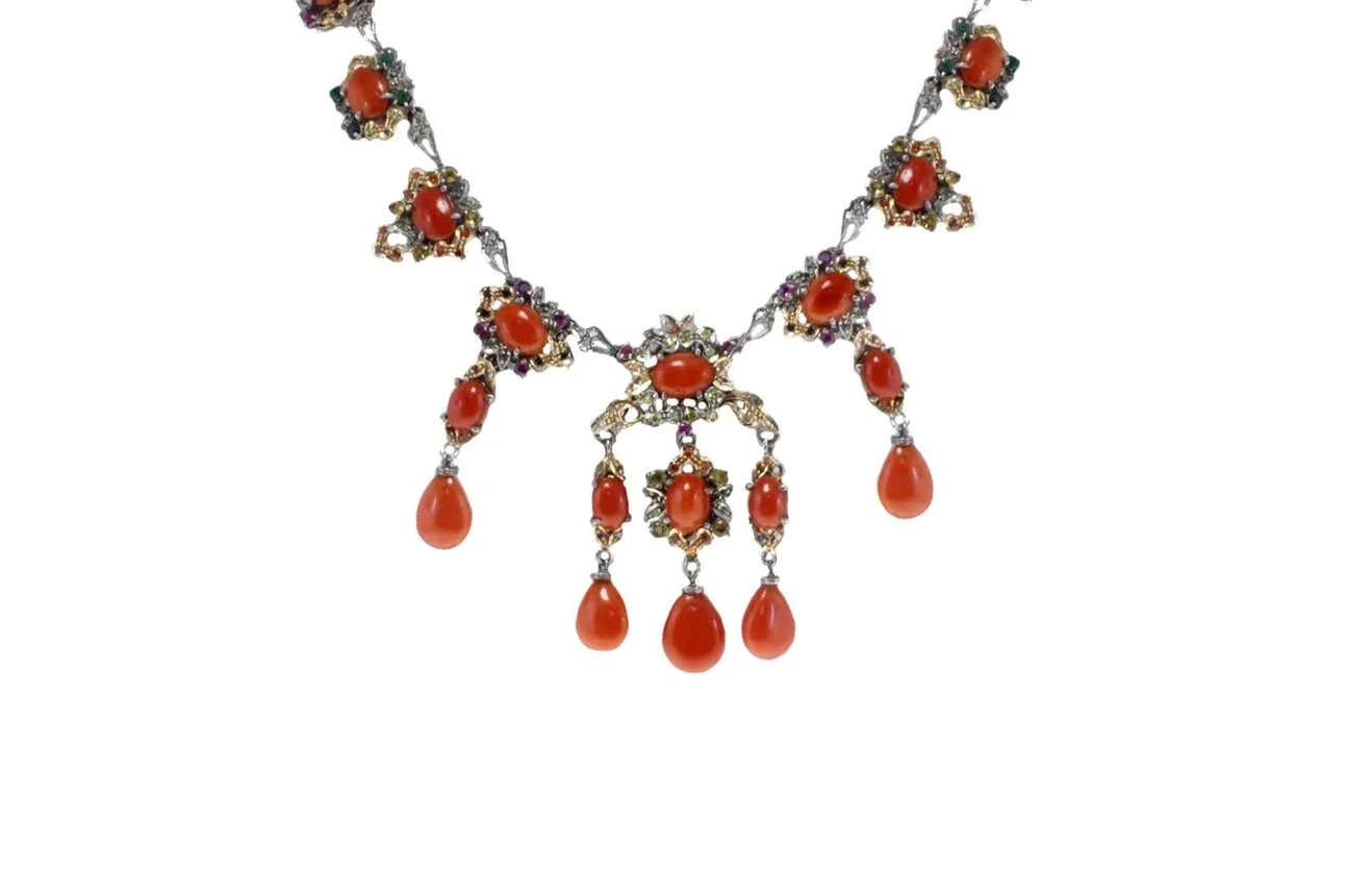 
Diamonds,Sapphires,Rubies,Emeralds,Red Corals and Drops,RoseGold/Silver Necklace 
