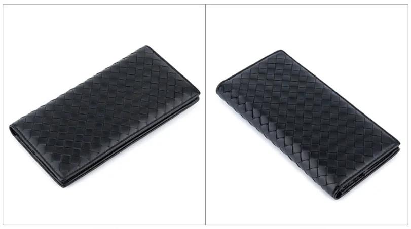 Handmade soft sheep skin leather man long wallet fashion genuine leather woven bifold card wallet for men