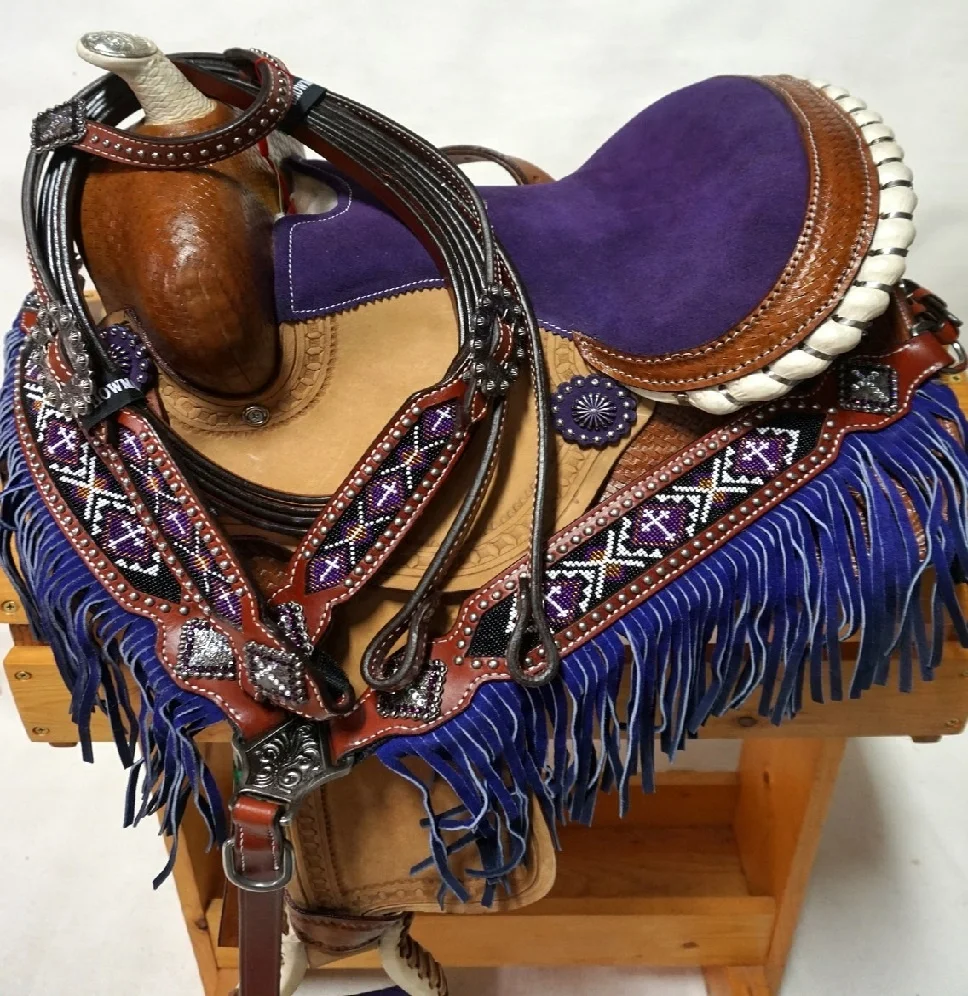 Horse Leather Saddle Western Barrell With Matching Headstall
