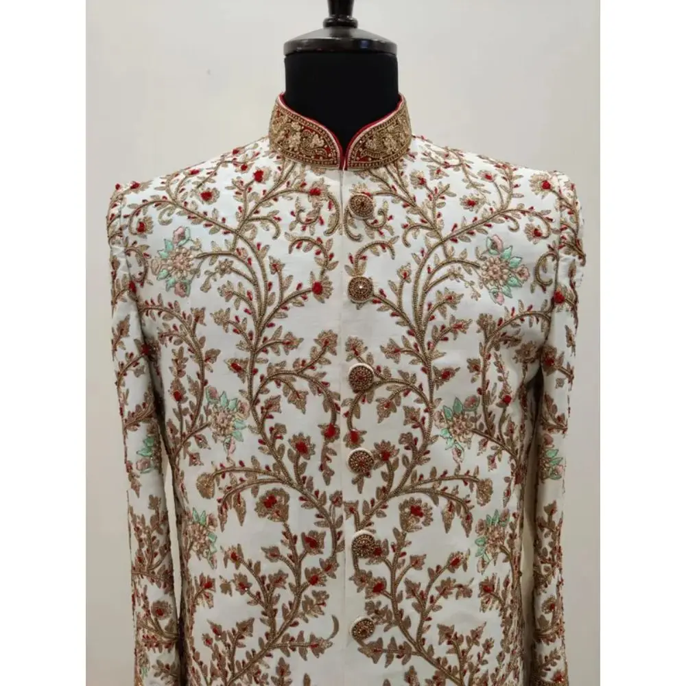 Шикарная вышитая искусственная шелковая смесь шервани с длинными рукавами индивидуальная тонкая ткань ручной работы