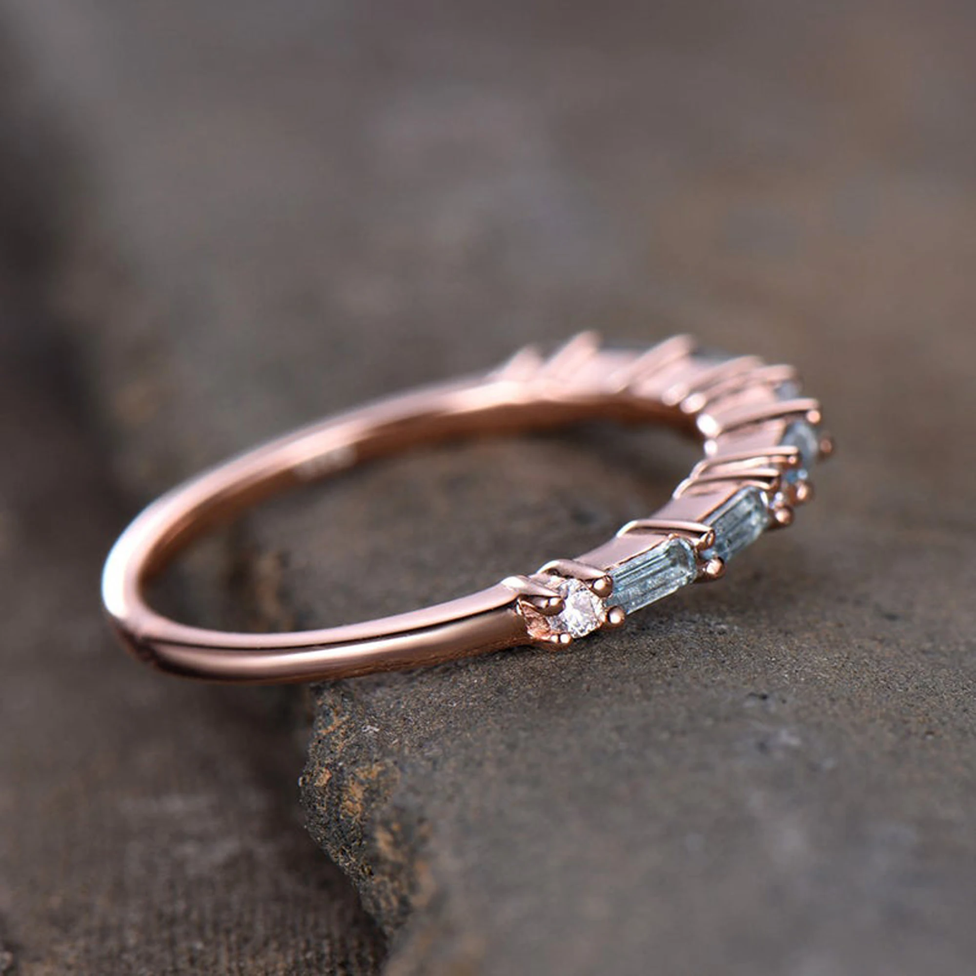 Topaz Wedding Ring Baguette Cut Blue CZ Stacking Band Rose Gold Plated Sterling Silver Anniversary