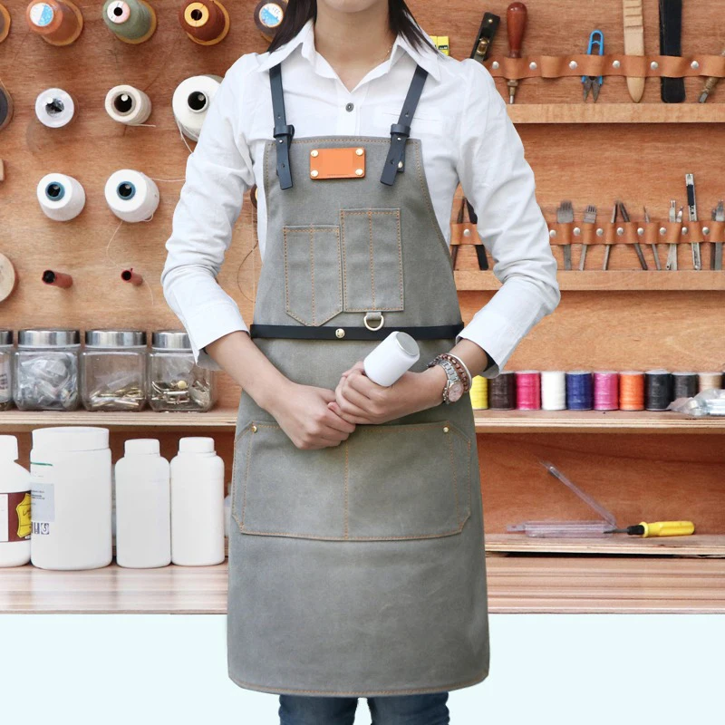 Custom LOGO Cafe Workwear Sling Apron Fashion Denim Canvas Leather Apron