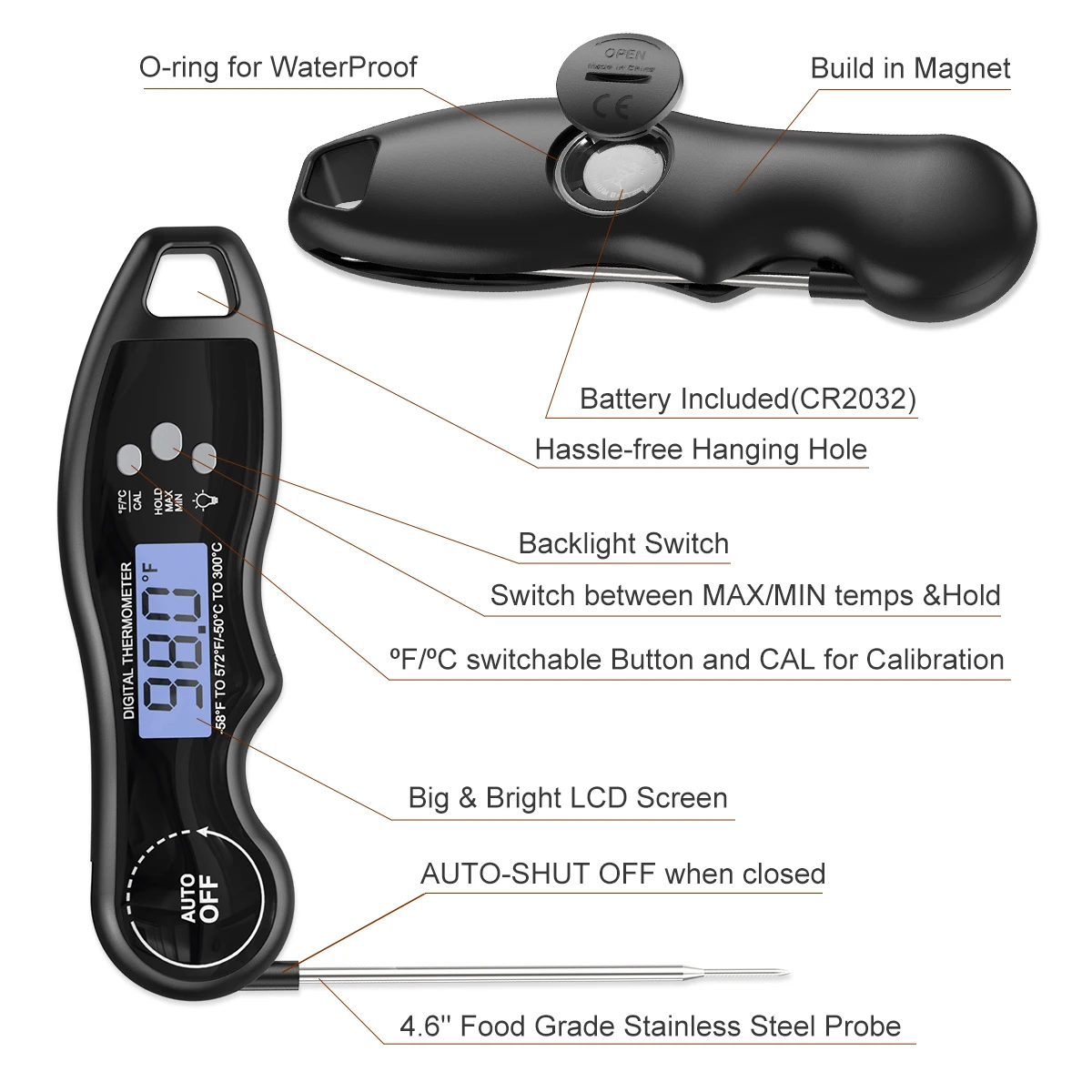 Digital Meat Thermometers for Cooking - Waterproof Instant Read Food Thermometer for Meat, Deep Frying, Baking, Outdoor Cooking,