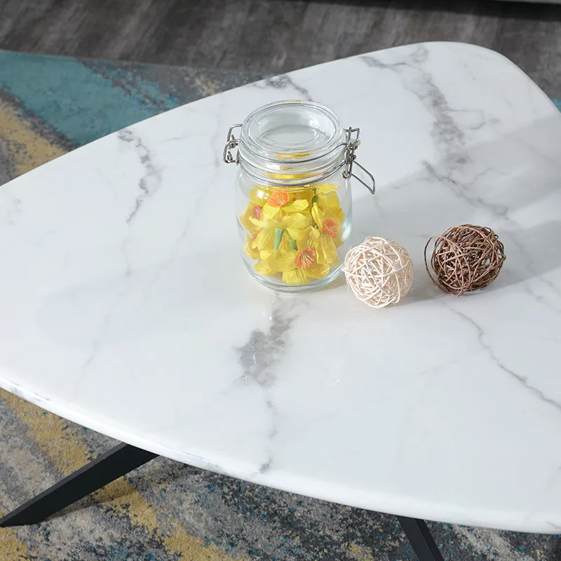 Contemporary Living Room Modern Light Gray Black Metal Fixed Top Table Marble Coffee Table