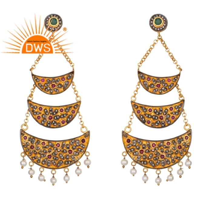 Pave Diamond Ruby Emerald 925 Silver Triple Crescent Moon Drop Earring  For Women Gift For Her Dainty Collection