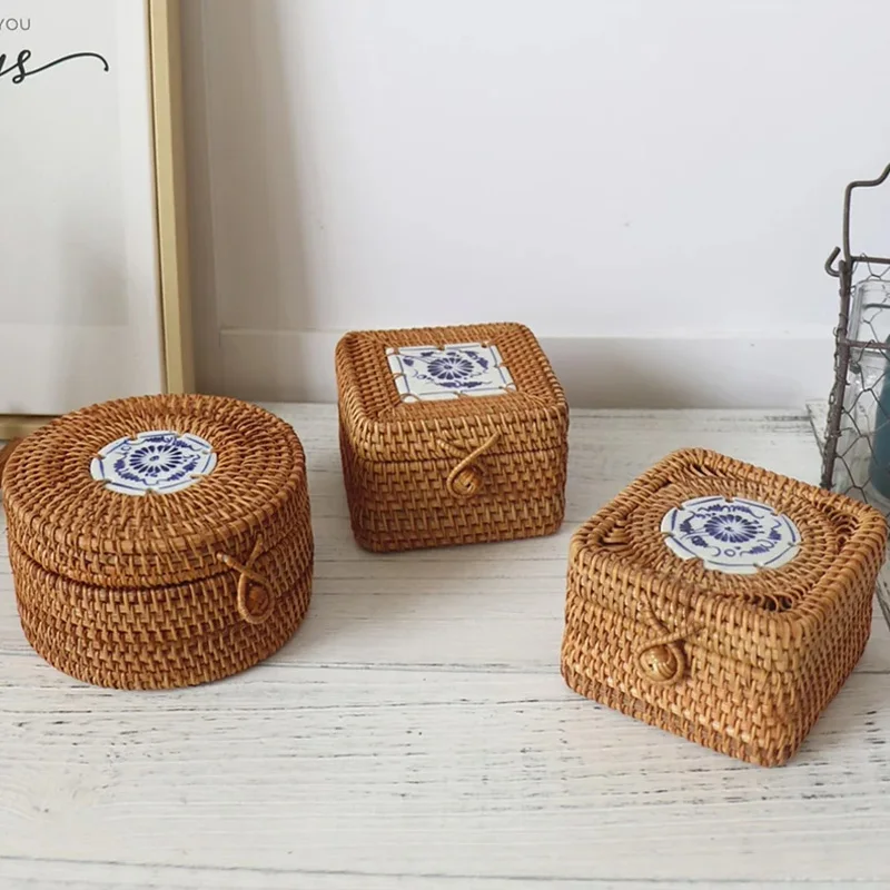 Hot Sale Mini Rattan Weave Round Storage Basket With Lid Candy Box jewelry Basket Decor Home