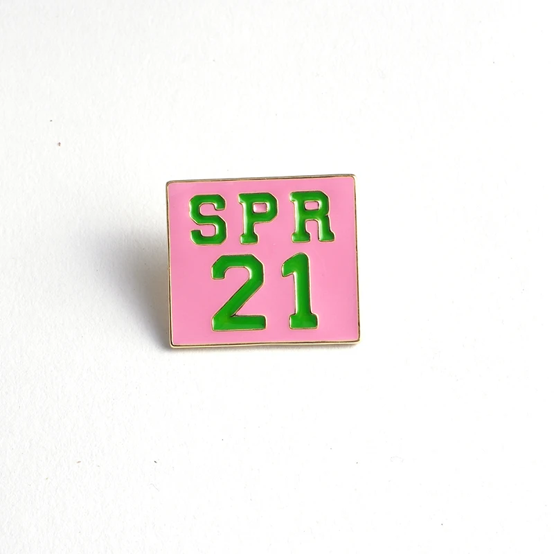Custom Cute  Enamel Pins 18k Gold Plated Greek Sorority Square Pink and Green Spring 21 Lapel Pin Brooch