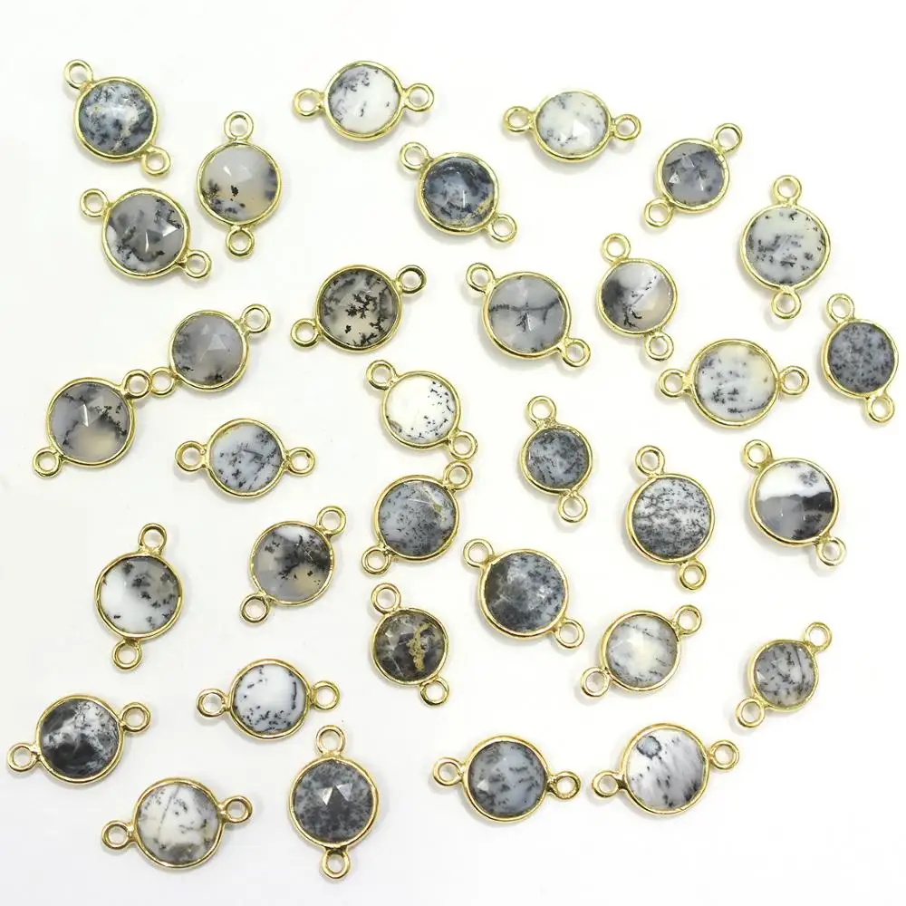 Dendritic Opal Round Shape 925 Sterling Silver Bezel Gold Plated Connector Handmade Jewelry Making