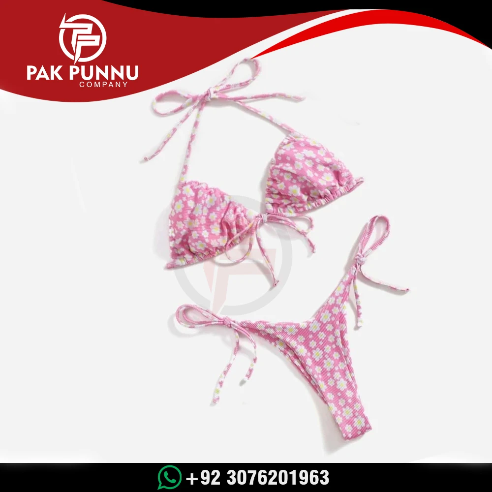 Ditsy Floral Halter Tie Side Bikini Swimsuit / Cute Pink Ditsy Floral Tie Side Thong Removable Padding Bikini Swimsuit For Women