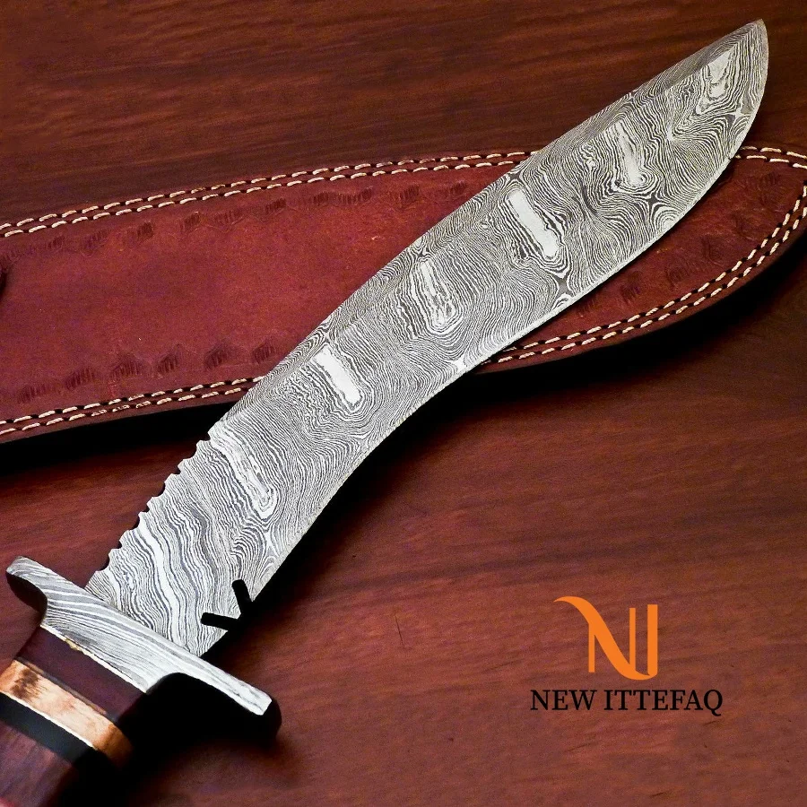 
NEW ITTEFAQ | CUSTOM MADE DAMASCUS BOWIE HUNTING KNIFE - DAMASCUS GUARD With Leather Sheath 