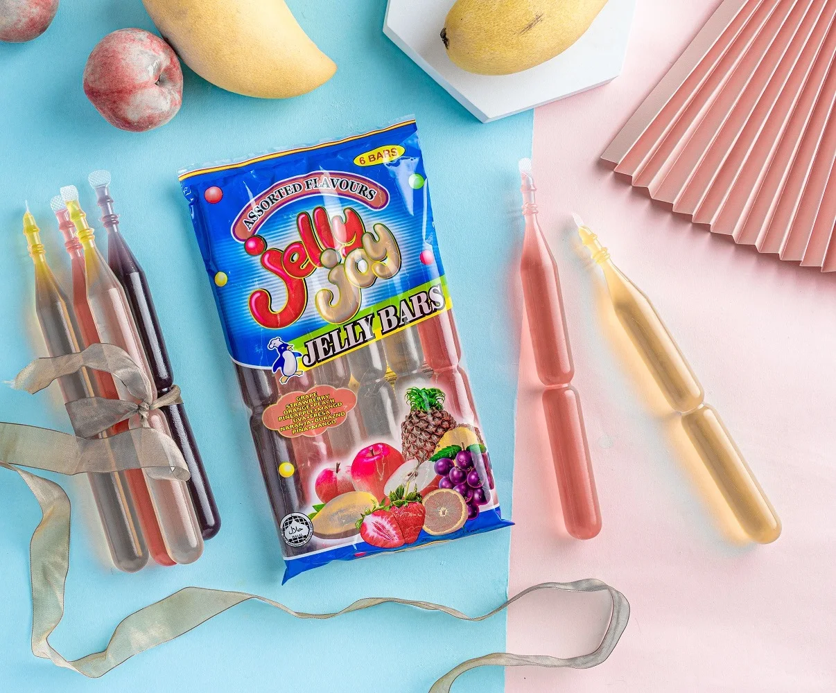 Low-Carb Children Snack Pouch Bulk Fruity Dessert Drink Jelly Joy Jelly Bars Stick 85gm x 6 Bars x 20 Bags