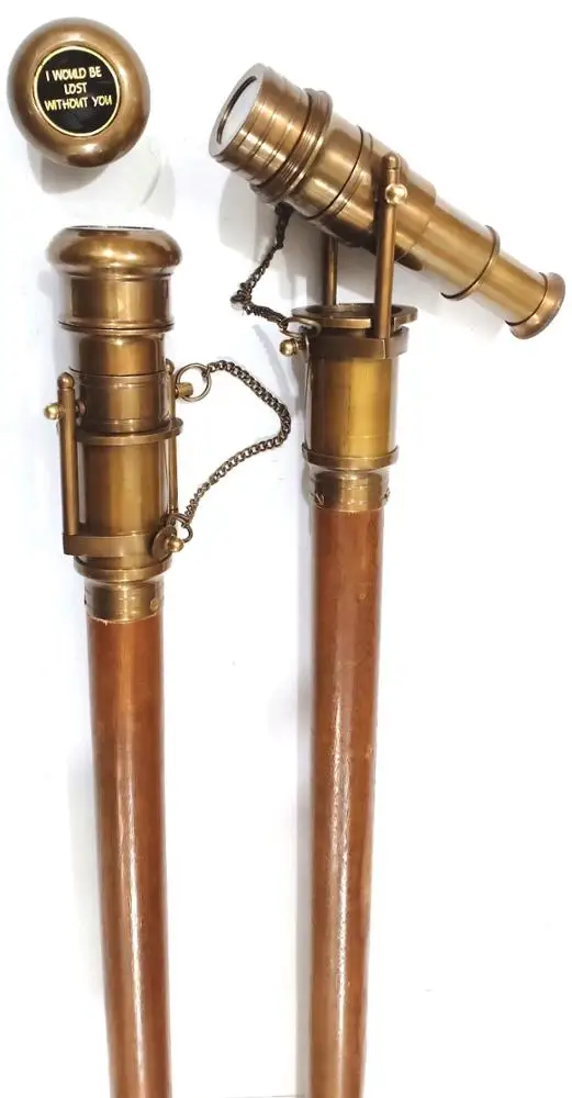 Nautical Cane Telescope Walking Wood Stick Hidden Spy Brass Handle