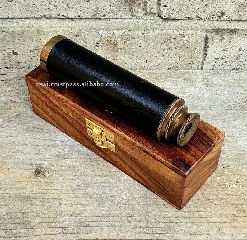Antique Design 12 Inch Telescope Handheld Wooden Box Optic Nautical Pirate Scope Spyglass Leather Covered Telescope with Anchor