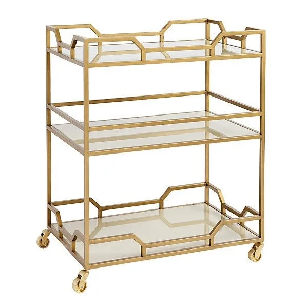 Living Room Corner Side Iron & Glass Rose Gold Metal Beautiful Modern Metal Rolling Hand Wheeled Design Glass Bar Cart