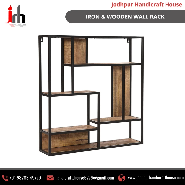  Промышленный и Винтажный Индийский Железный Металл твердый древесина манго индийский дизайн стена стеллаж