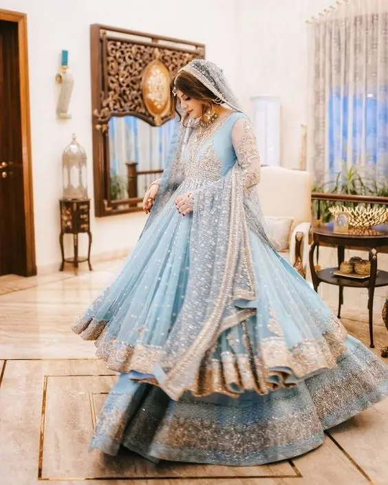 MODERN  BLUE    INDIAN /PAKISTANI FLOOR LENGTH   DRESS  Embellished DABKA, STONE GLASS BEADS  work for Wedding 2022