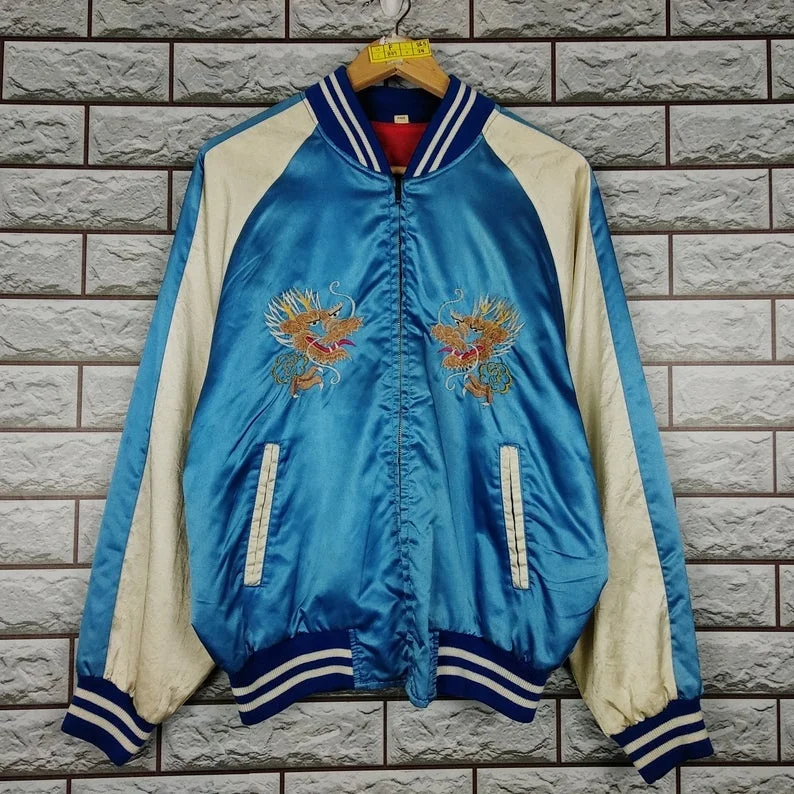 Japanese Fighting Dragon Embroidery Souvenirs Satin Varsity Jacket / Japan Varsity Jacket