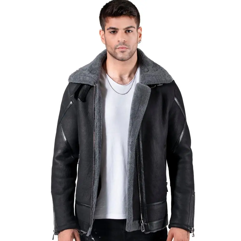 Premium Quality Sheepskin  Zippered Smooth Outlook and Design Black Leather Shearling Coats For Men
