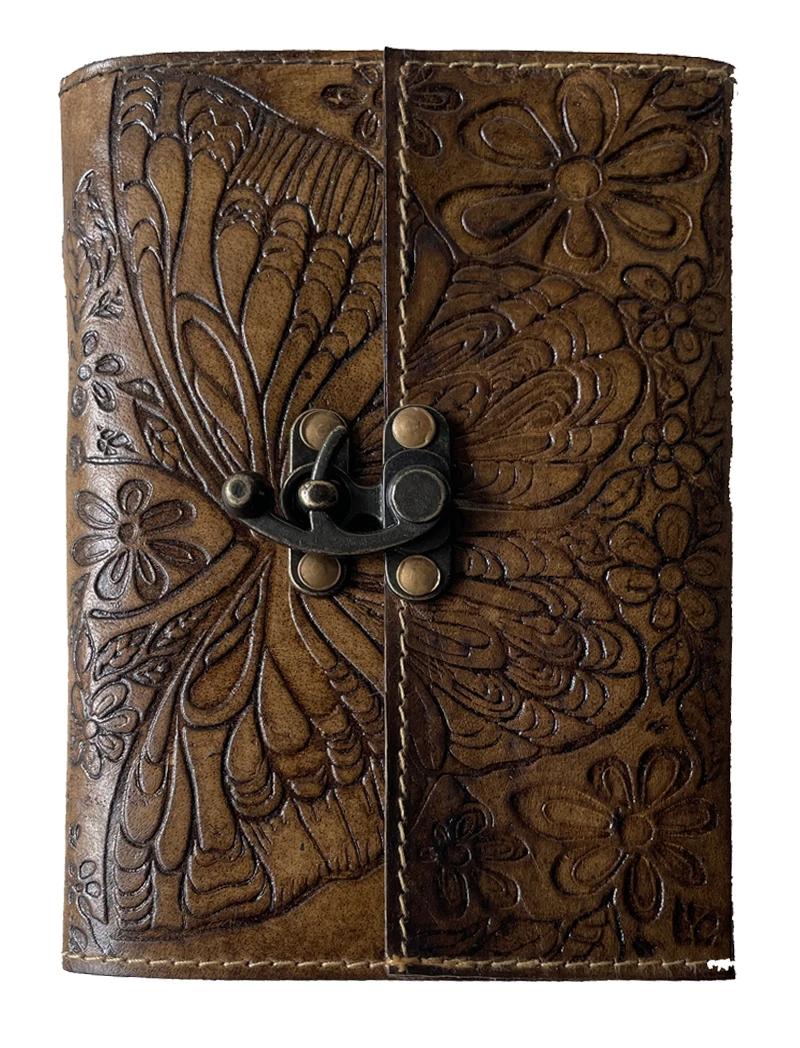 Handmade Leather Journal Vintage Butterfly Flower Embossed Deckle Edge Paper Writing Diary Office Notebook Handbook Sketchbook