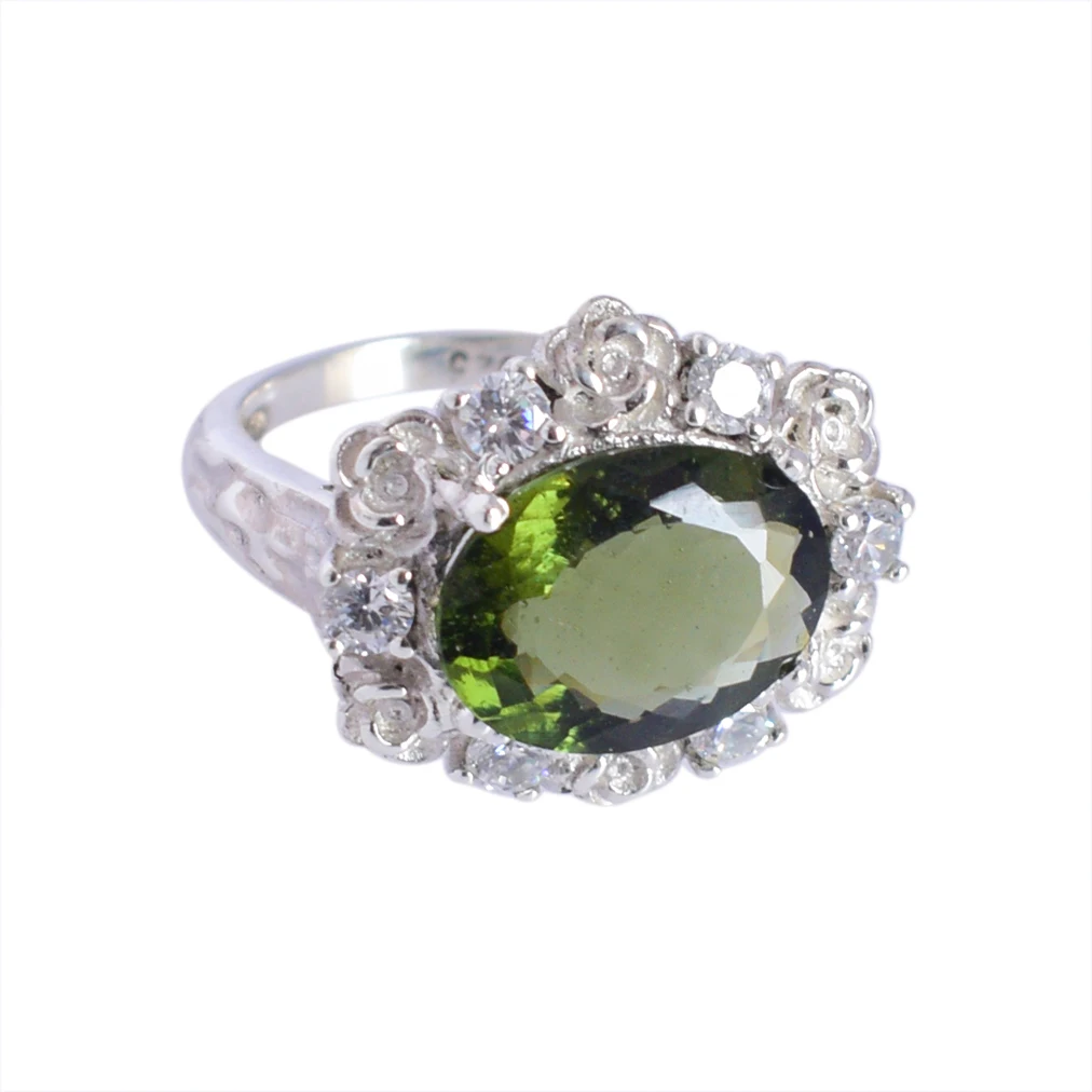 Natural Oval Shape Moldavite Gemstone Designer Ring 925 Sterling Silver Cubic Zirconia Stone Best Fine Jewelry For Women