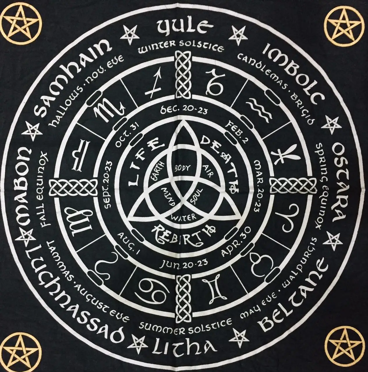 Pagan Wheel Altar Cloth Alter Cotton Fabric Handmade Alter Witchery Home Decor Black Silver