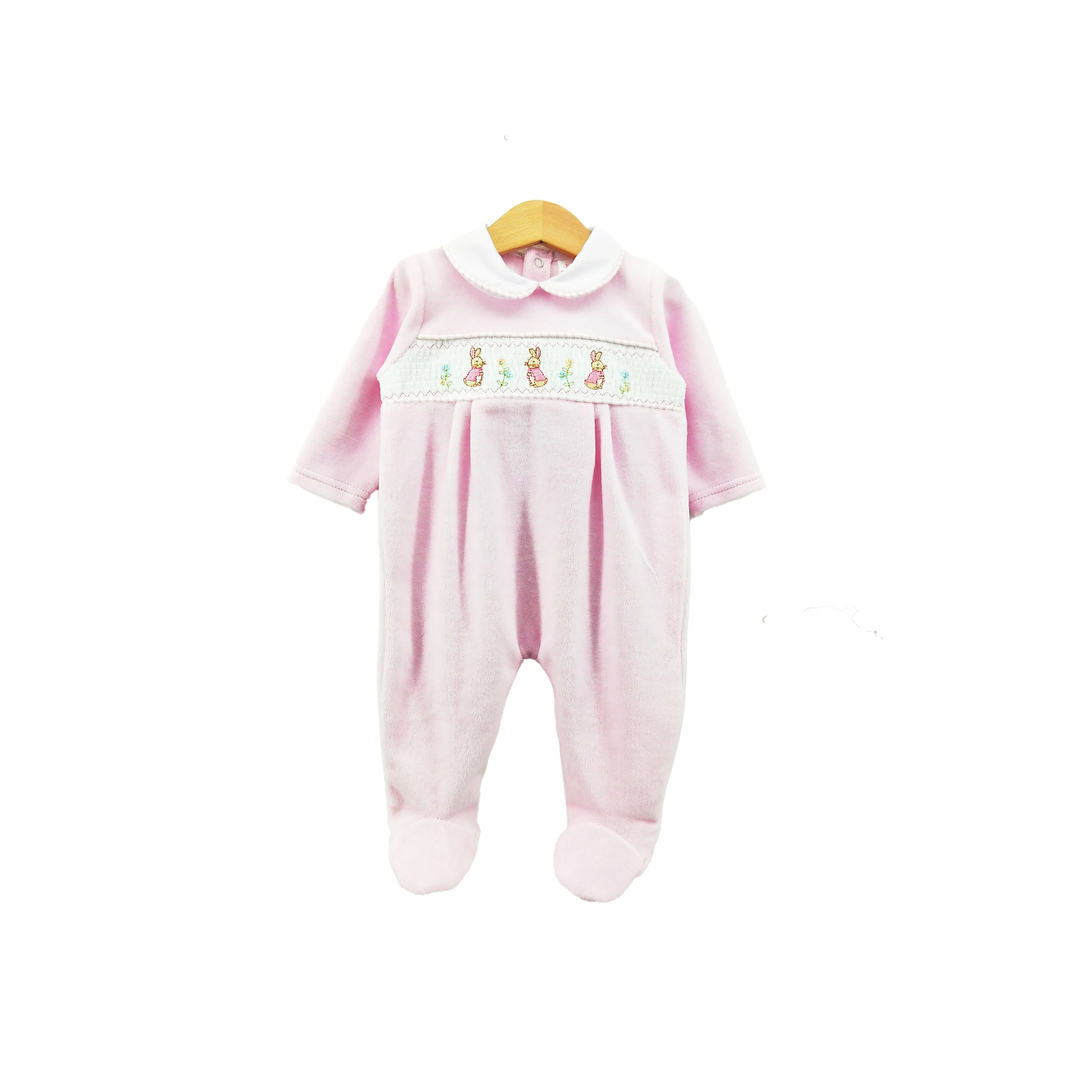 2022 Factory hot sell cute embroidery velour warm baby all season smocking romper for 0-6M baby