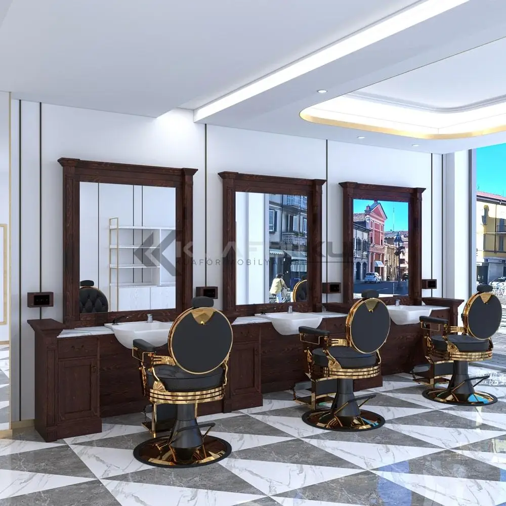 Wholesale Barbershop Salon Equipment Real Wood Barber Station New Design Salon Mirror Station Marble Surface