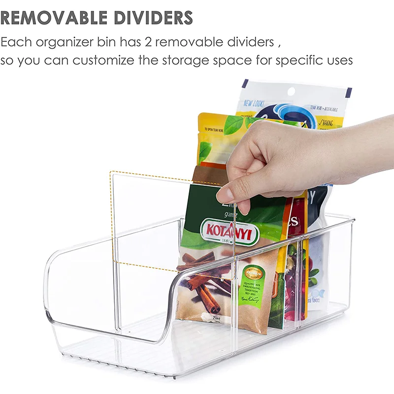 Fridge Bins for Organizing Seasoning Packets Spice Packets Pouches Snacks in Kitchen or Cabinets with 2 Removable Dividers