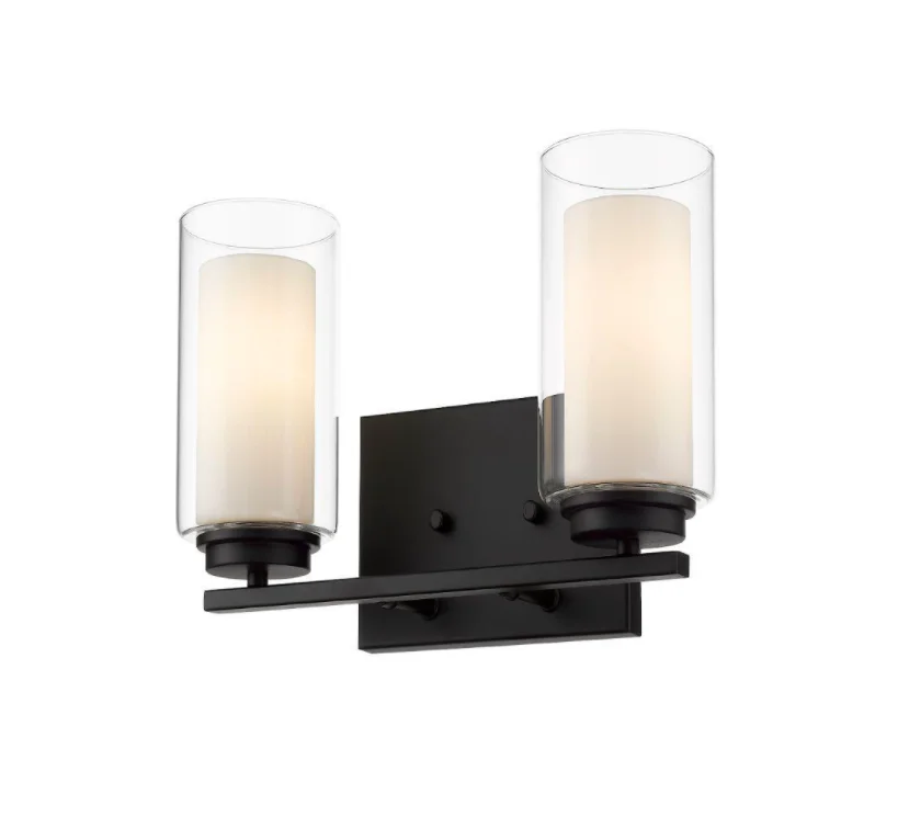 Contemporary Room Decorate LED 2-Light Black Vanity Light With Inner White and Outer Clear Glass Shade Cylinder Wall Sconce