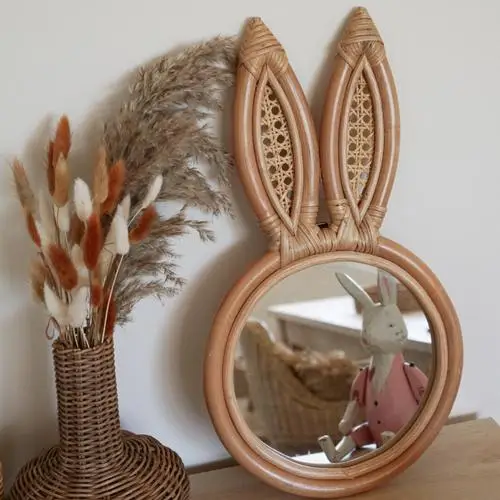 Hanging Rattan Framed Little Bear Mirror - trending rattan style Mirror - Animal shaped Mirror for Kid rooms