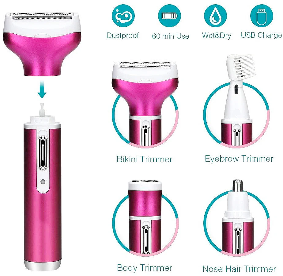 4 In 1 Facial Hair Trimmer Rose Red Electric Eyebrow Trimmer With US Standard Plug