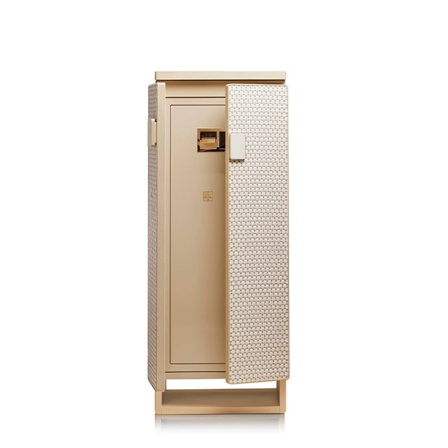 Armored jewelry cabinet covered in white and beige hand threaded leather