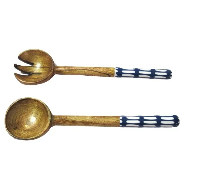 Wooden and Resin Salad Server S/2 Handmade Wooden Fruit Dessert Spoon and Fork Salad Serving Set