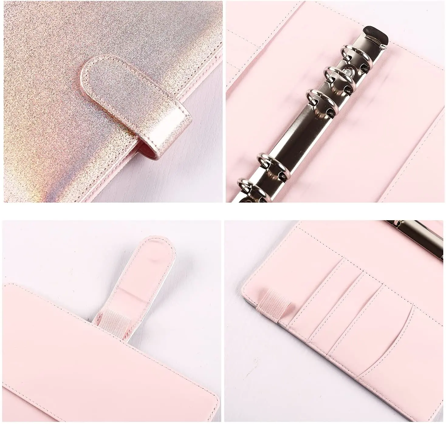 Pocket A6 PU Notebook Binder Cover, 6 Ring A6 Binder Budget Cash Envelopes for Women, Budget Planner Travel Journal