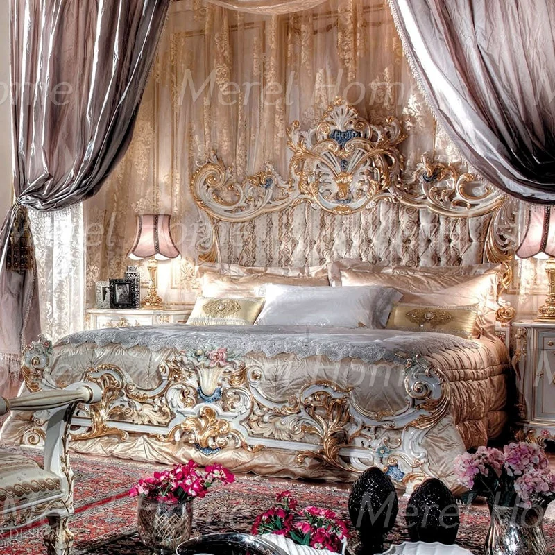 Высококачественная мебель в классическом стиле с цветами, ручная работа, резной деревянный роскошный комплект постельного белья