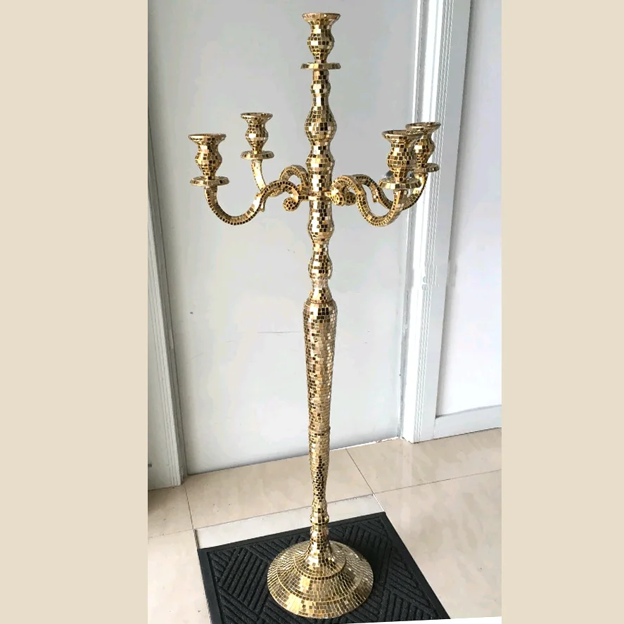 Shiny Golde & Silver Mosaic Candelabra Five Arms Candle Holder Tall Size Centerpiece For Tabletop Decorations Wedding & Home