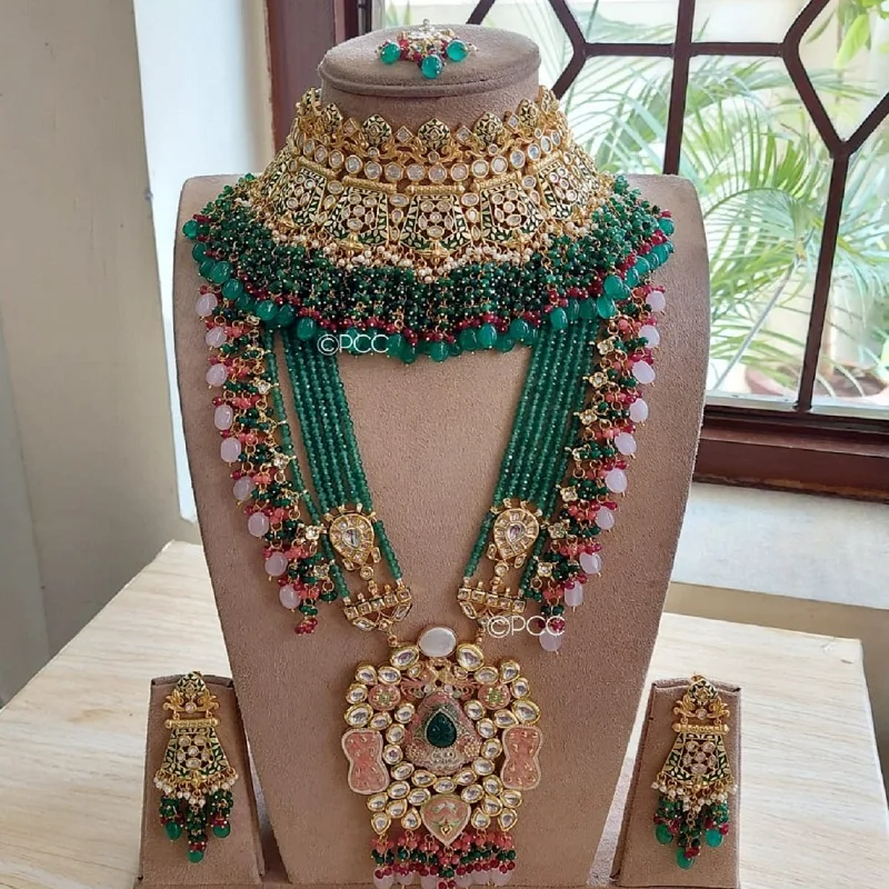 New fashion very beautiful green color small and big size pearls heavy choker set  long set with earring and tika  M creation