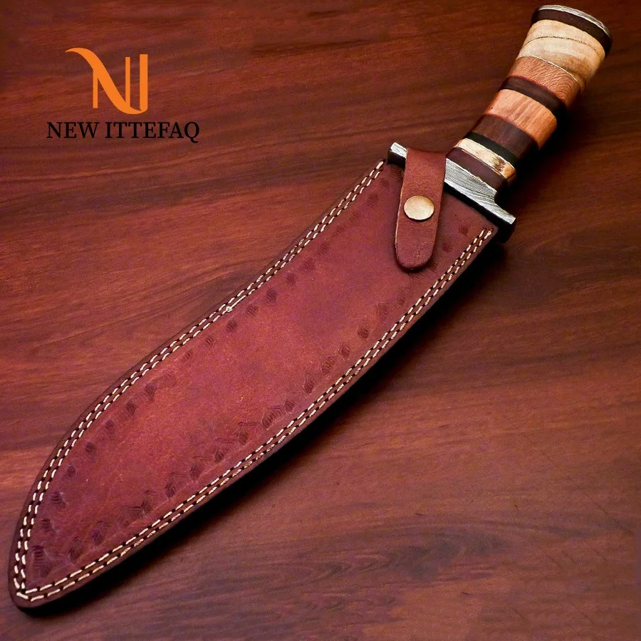 
NEW ITTEFAQ | CUSTOM MADE DAMASCUS BOWIE HUNTING KNIFE - DAMASCUS GUARD With Leather Sheath 