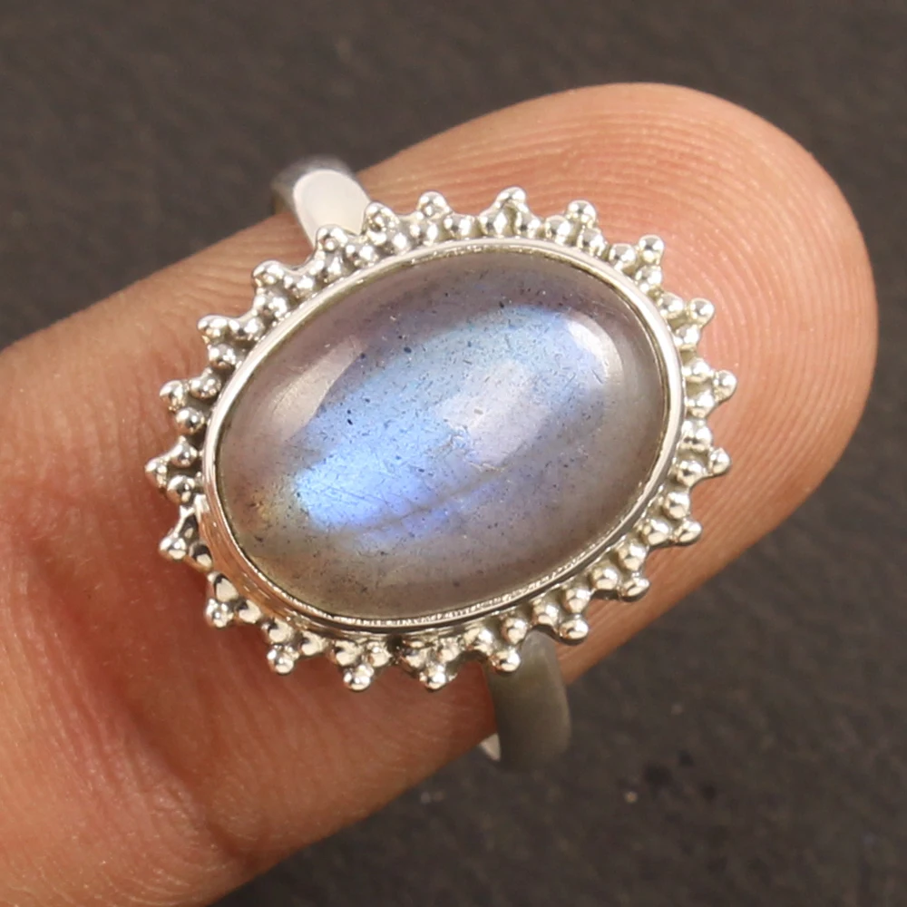 Кольцо из серебра 925 пробы с лабрадоритом ручной работы в богемном стиле 10x14 мм овальный кабошон кольца голубым камнем для подарка