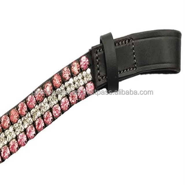 Personalized 3 row large pink stones and clear crystal chain Black English Leather horse band in all sizes and adjustable loops