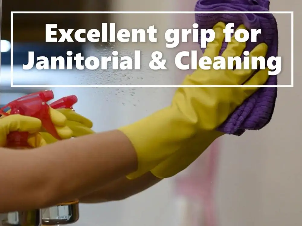 Colored latex gloves made in Malaysia yellow color 17 mil thick household janitorial glass cleaning usage kitchen utensils wash